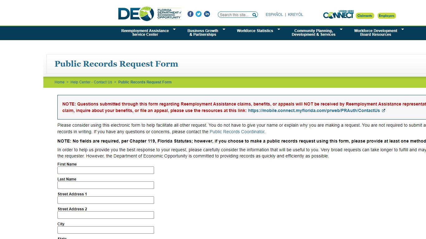 Public Records Request Form - FloridaJobs.org